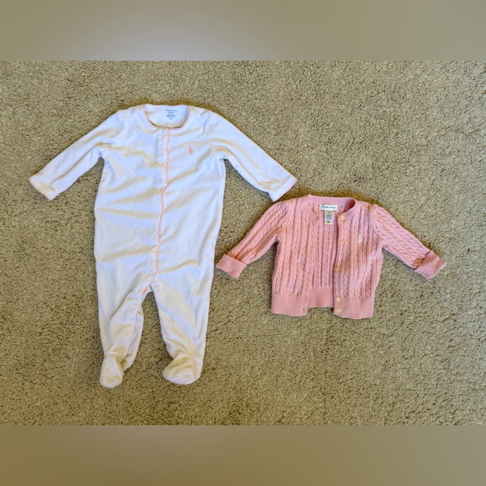 Bundle of 2 baby girl polo Ralph Lauren’s footed coverall & cardigan pink 6m